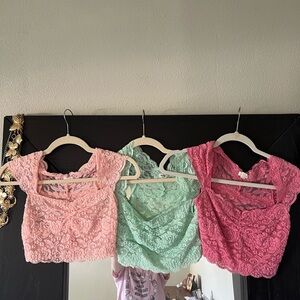 Lace Crop Top Set - Pink, Green, Red